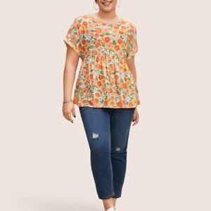 BloomChic Floral Fruit Pattern Short Sleeve Blouse - Salmon Pink and Orange